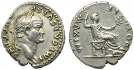 Vespasian (69-79), Denarius, Rome, AD 73; AR (g 3,41; mm 18; h 12); IMP CAES VESP - AVG CENS, laureate head r., Rv. PONTIF - MAXIM, Vespasian seated r...