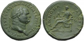 Vespasian (69-79), Sestertius, Rome, AD 77-78; AE (g 26,20; mm 33; h 6); IMP CAES VESPASIAN AVG P M TR P P P COS VIII, laureate head r., Rv. ANNONA - ...