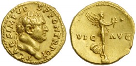 Titus, as Caesar (Vespasian, 69-79), Aureus, Rome, AD 72-73; AV (g 7,35; mm 20; h 7); T CAES IMP VE - SP PON TR POT, laureate head r., Rv. VIC - AVG, ...