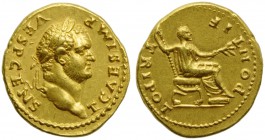 Titus, as Caesar (Vespasian, 69-79), Aureus, Rome, AD 73; AV (g 7,35; mm 21; h 12); T CAES IMP - VESP CENS, laureate head r., Rv. PONTIF - TRI POT, Ti...