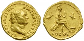 Titus, as Caesar (Vespasian, 69-79), Aureus, Rome, AD 77-78; AV (g 7,24; mm 19; h 6); T CAESAR IMP - VESPASIANVS, laureate head r., Rv, Roma seated r....