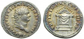 Titus (79-81), Denarius, Rome, AD 80; AR (g 3,12; mm 19; h 6); IMP TITVS CAES VESPASIAN AVG P M, laureate head r., Rv. TR P IX IMP XV COS VIII P P, se...