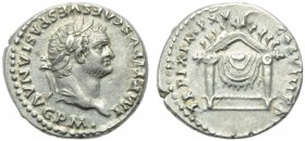 Titus (79-81), Denarius, Rome, AD 80; AR (g 3,52; mm 17; h 6); IMP TITVS CAES VESPASIAN AVG P M, laureate head r., Rv. TR P IX IMP XV COS VIII P P, se...