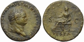 Titus (79-81), Sestertius, Rome, AD 79; AE (g 24,13; mm 35; h 7); IMP TITVS CAES VESP AVG P M TR P P P COS VII, laureate head r., Rv. Vesta seated l.,...