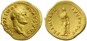 Domitian, as Caesar (Vespasian, 69-79), Aureus, Rome, AD 75; AV (g 7,26; mm 20; h 6); CAES AVG F - DOMIT COS III, laureate head r., Rv. PRINCEPS - IVV...