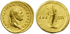 Domitian, as Caesar (Vespasian, 69-79), Aureus, Rome, AD 76-77; AV (g 7,29; mm 20; h 6); CAESAR AVG F - DOMITIANVS, laureate head r., Rv. Cornucopiae;...
