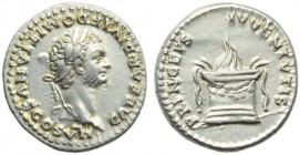 Domitian, as Caesar (Titus, 79-81), Denarius, Rome, AD 80-81; AR (g 3,39; mm 18; h 6); CAESAR DIVI F DOMITIANVS COS VII, laureate head r., Rv. PRINCEP...