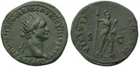 Domitian (81-96), Dupondius, Rome, AD 90-91; AE (g 11,16; mm 29; h 5); IMP CAES DOMIT AVG GERM COS XV CENS PER P P, radiate head r., Rv. VIRTVTI - AVG...