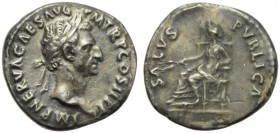 Nerva (96-98), Denarius, Rome, AD 96; AR (g 2,90; mm 18; h 7); IMP NERVA CAES AVG - P M TR P COS II P P, laureate head r., Rv. SALVS - PVBLICA, Salus ...