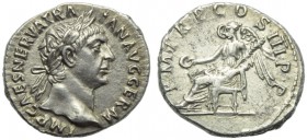 Trajan (98-117), Denarius, Rome, AD 100; AR (g 3,20; mm 18; h 6); IMP CAES NERVA TRA - IAN AVG GERM, laureate head r., Rv. P M TR P COS III P P, Victo...