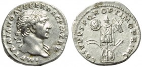Trajan (98-117), Denarius, Rome, AD 103-111; AR (g 2,91; mm 19; h 6); IMP TRAIANO AVG GER DAC P M TR P, laureate bust r., drapery on l. shoulder, Rv. ...
