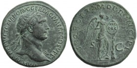 Trajan (98-117), Sestertius, Rome, AD 103-111; AE (g 24,60; mm 33; h 6); IMP CAES NERVAE TRAIANO AVG GER DAC P M TR P COS V P P, laureate head r., dra...