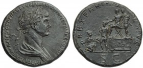 Trajan (98-117), Sestertius, Rome, AD 114-117; AE (g 23,28; mm 33; h 6); IMP CAES NER TRAIANO OPTIMO AVG GER DAC PARTHICO P M TR P COS VI P P, laureat...
