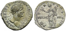 Hadrian (117-138), Denarius, Rome, AD 119-122; AR (g 2,90; mm 19; h 7); IMP CAESAR TRAIAN - HADRIANVS AVG, laureate bust r., drapery on l. shoulder, R...