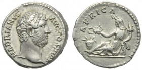 Hadrian (117-138), Denarius, Rome, AD 134-138; AR (g 3,38; mm 18; h 12); HADRIANVS - AVG COS III P P, bare head r., Rv. AFRICA, Africa reclining l., h...