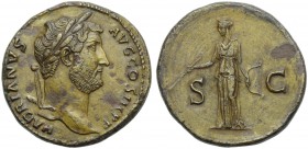 Hadrian (117-138), Sestertius, Rome, AD 134-138; AE (g 23,86; mm 31; h 6); HADRIANVS - AVG COS III P P, laureate head r., Rv. Diana standing l., holdi...