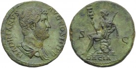 Hadrian (117-138), Sestertius, Rome, AD 134-138; AE (g 22,36; mm 32; h 12); HADRIANVS - AVG COS III P P, draped bust r., Rv. Dacia seated l. on rocks,...