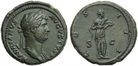 Hadrian (117-138), As, Rome, AD 134-138; AE (g 12,86; mm 28; h 6); HADRIANVS - AVGVSTVS P P, laureate bust r., drapery on l. shoulder, Rv. COS - III, ...