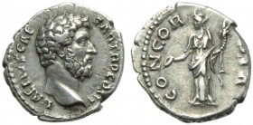 Aelius Caesar (Hadrian, 117-138), Denarius, Rome, AD 137; AR (g 3,19; mm 19; h 6); L AELIVS CAE - SAR TR P COS II, head r., Rv. CONCOR - DIA, Concordi...