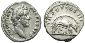 Antoninus Pius (138-161), Denarius, Rome, AD 140-143; AR (g 3,30; mm 17; h 6); ANTONINVS - AVG PIVS P P, laureate head r., Rv. TR POT COS III, she-wol...