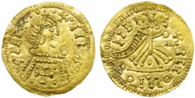 Visigoths, Leovigild (568-586) ?, Tremissis, Uncertain Spanish mint, AD 573-586; AV (g 0,91; mm 19; h 6); CIIR - +III, diademed draped bust r.; on dra...