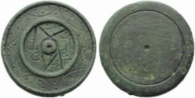 Circular two ounce commercial weight, c. 5th - 7th century AD; AE (g 49,53; mm 34; thick mm 7); Γ - B across fields; above, cross; all within decorate...