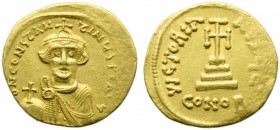 Constans II (641-668), Solidus, Constantinople, AD 641-646; AV (g 4,41; mm 21; h 7); d N CONSTAN - TINyS PP AV, crowned bust facing wearing chlamys, h...