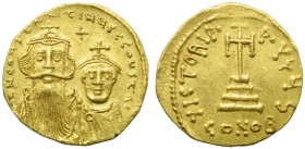 Constans II with Costantinus IV (641-668), Solidus, Constantinople, AD 654-659 ; AV (g 4,49; mm 20; h 7); d N CONSTANTINyS C CONSTANTIN, crowned busts...