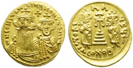Constans II with Constantinus IV, Heraclius and Tiberius (641-668), Solidus, Syracuse, AD 659-661; AV (g 4,32; mm 20; h 6); d N CONStAN - tINys CONStA...