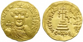 Constans II (641-668), Solidus, Syracuse, AD 647-651; AV (g 4,37; mm 19; h 6); d N CONSTAN - TINyS PP AV, crowned bust with very slight beard facing, ...