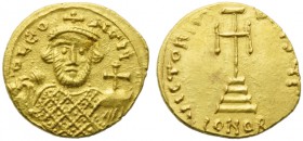Leontius (695-698), Solidus, Syracuse, AD 695-698; AV (g 4,24; mm 19; h 6); D LEO - N AVG, crowned bust facing, wearing loros, holding akakia and glob...