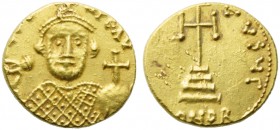 Leontius (695-698), Solidus, Syracuse, AD 695-698; AV (g 4,09; mm 17; h 6); D LEO - N AVG, crowned bust facing, wearing loros, holding akakia and glob...