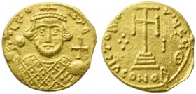 Leontius (695-698), Solidus, Syracuse, AD 695-698; AV (g 4,13; mm 18; h 6); D LEO - N VG, crowned bust facing, wearing loros, holding akakia and globe...
