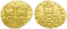 Constantine V with Leo IV (741-775), Solidus, Syracuse, AD 751-775; AV (g 3,64; mm 20; h 6); COntAN LεO, crowned busts of Constantinus V and Leo IV fa...