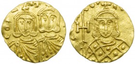 Constantinus V with Leon IV (741-775), Solidus, Syracuse, AD 751-775; AV (g 3,92; mm 19; h 6); COntAN LεO, crowned busts of Constantinus V and Leo IV ...