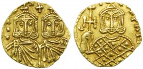 Constantine V with Leo IV (741-775), Solidus, Syracuse, AD 751-775; AV (3,51; mm 19; h 6); COntAN LεO, crowned busts of Constantinus V and Leo IV faci...