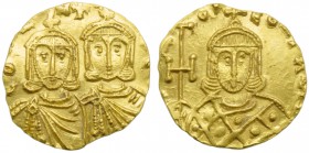 Constantine V with Leo IV (741-775), Solidus, Syracuse, AD 751-775; AV (g 3,77; mm 19; h 6); COntAN LεO, crowned busts of Constantinus V and Leo IV fa...
