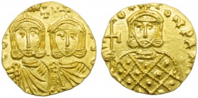 Constantine V with Leo IV (741-775), Solidus, Syracuse, AD 751-775; AV (g 4,23; mm 19; h 6); COntAN LεO, crowned busts of Constantinus V and Leo IV fa...
