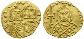 Constantine V with Leo IV (741-775), Solidus, Syracuse, AD 751-775; AV (g 4,07; mm 21; h 6); COntAN LεO, crowned busts of Constantinus V and Leo IV fa...