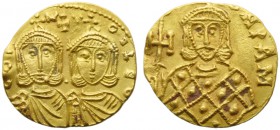 Constantine V with Leo IV (741-775), Solidus, Syracuse, AD 751-775; AV (g 3,79; mm 19; h 6); COntAN LεO, crowned busts of Constantinus V and Leo IV fa...