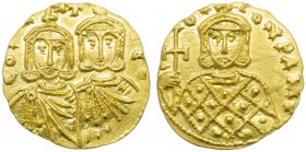Constantine V with Leo IV (741-775), Solidus, Syracuse, AD 751-775; AV (g 4,44; mm 20; h 12); COntAN LεO, crowned busts of Constantinus V and Leo IV f...