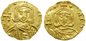 Constantine V with Leo IV (741-775), Tremissis, Syracuse, AD 751-775; AV (g 1,22; mm 13; h 6); CO - nStAN, crowned bust facing of Constantine V, weari...