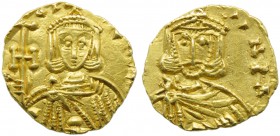 Constantine V with Leo IV (741-775), Tremissis, Syracuse, AD 751-775; AV (g 1,31; mm 13; h 6); CO - nStAN, crowned bust facing of Constantine V, weari...