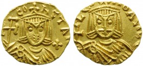 Constantine V with Leo IV (741-775), Tremissis, Syracuse, AD 751-775; AV (g 1,30; mm 13; h 6); CO - nStAN, crowned bust facing of Constantine V, weari...