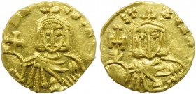 Nicephorus I with Stauracius (802-811), Semissis, Syracuse, AD 803-811; AV (g 1,82; mm 15; h 6); NI - [...], crowned bust of Nicephorus facing, wearin...