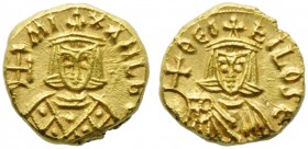 Michael II with Theophilus (820-829), Solidus, Syracuse, AD 821-829; AV (g 3,92; mm 19; h 6); MI - XAHL b, crowned bust facing, wearing chlamys and ho...