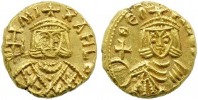 Michael II with Theophilus (820-829), Solidus, Syracuse, AD 821-829; AV (g 3,63; mm 19; h 6); MI - XAHL [b], crowned bust facing, wearing chlamys and ...