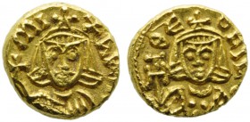 Michael II with Theophilus (820-829), Tremissis, Syracuse, AD 821-829; AV (g 1,27; mm 10; h 6); MI - XAHL b, crowned bust facing, wearing chlamys and ...