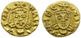 Michael II with Theophilus (820-829), Tremissis, Syracuse, AD 821-829; AV (g 1,22; mm 10; h 6); MI - XAHL b, crowned bust facing, wearing chlamys and ...