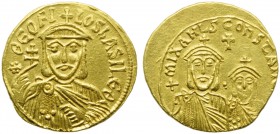 Theophilus (829-842), Solidus, Constantinople, AD 829-831 ; AV (g 4,34; mm 20; h 12); *ΘEOFILOS bASILE Θ, crowned bust facing, wearing chlamys, holdin...